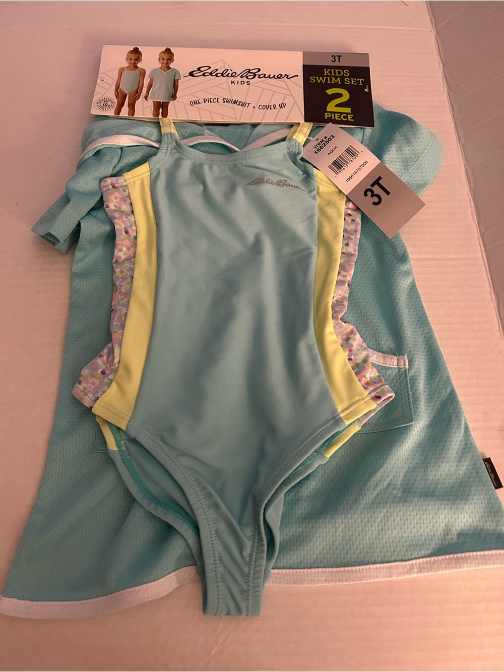 Eddie Bauer Kids 2-Piece Swim Set in an aqua blue and lime green. 3T